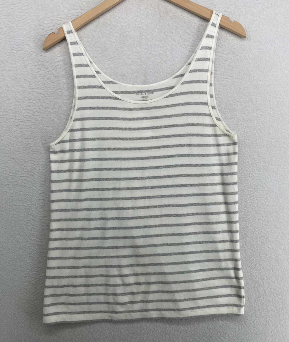 EILEEN FISHER Tank Top XL Ribbed Organic Cotton Jersey Striped Scoop Neck White